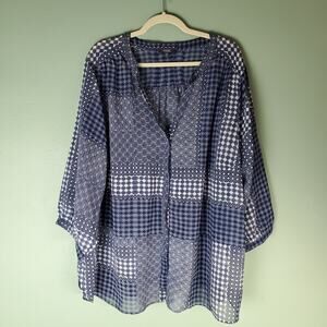 NYDJ Womens Lilibet Button Up Long Sleeve Blouse Medallion Medley Blue Size 3X